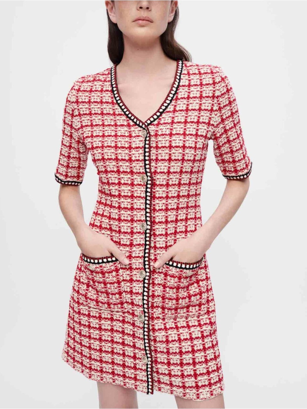 Women’s Maje Checked Tweed-Style Knit Dress Red White Black Size EU 38, US M